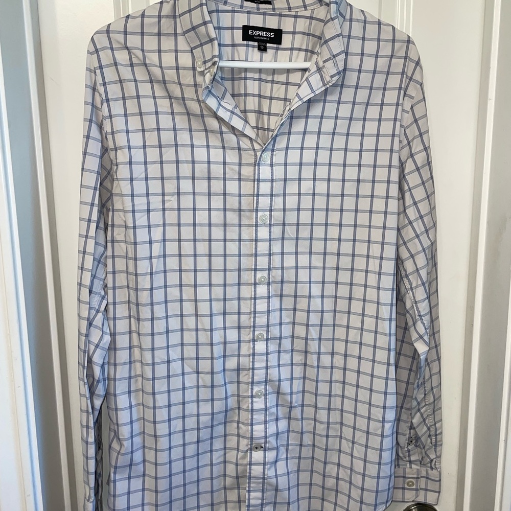 Express Men's White and Blue Plaid Shirt